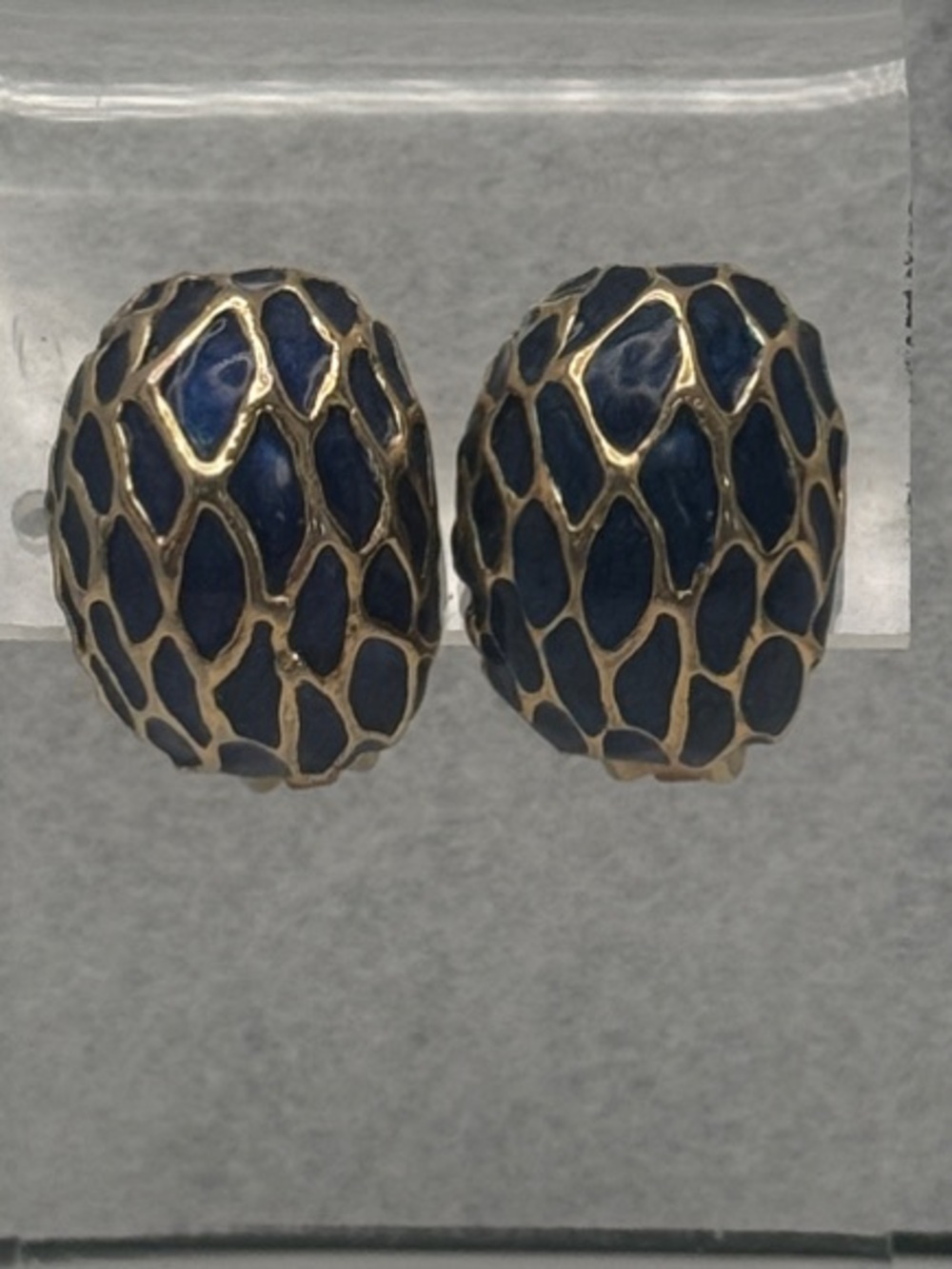 Vintage 80’s Cobalt Blue Enamel Golf Lattice Dome Clip On Earrings Runway Style